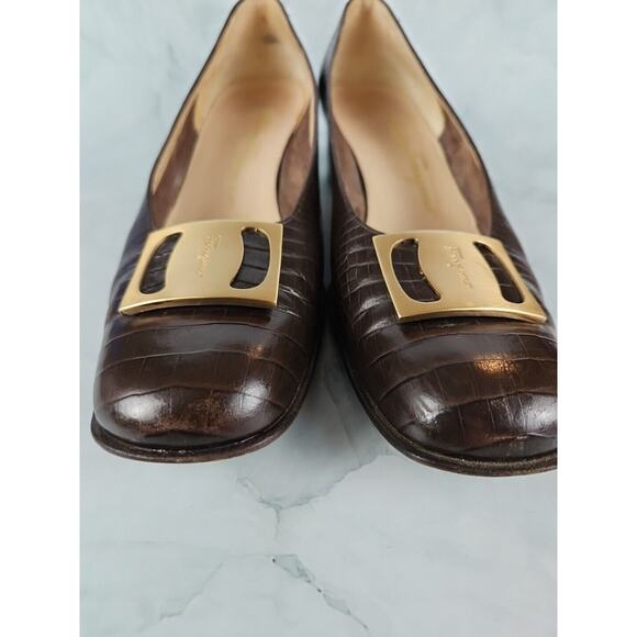 Vintage Salvatore Ferragamo Brown Snakeskin Leather Block Heel Pumps size 9 2A - Picture 2 of 10